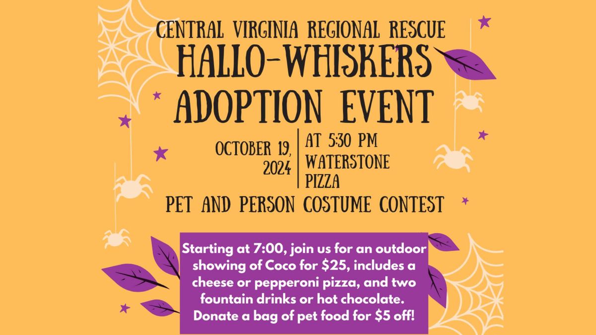 Hallo Whiskers Adoption Event, Costume Contest and Outdoor Movie Night at Waterstone Pizza