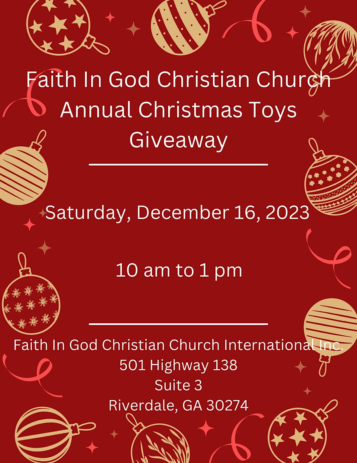 Faith In God Christian Church Annual Christmas Toys Giveaway 501 GA