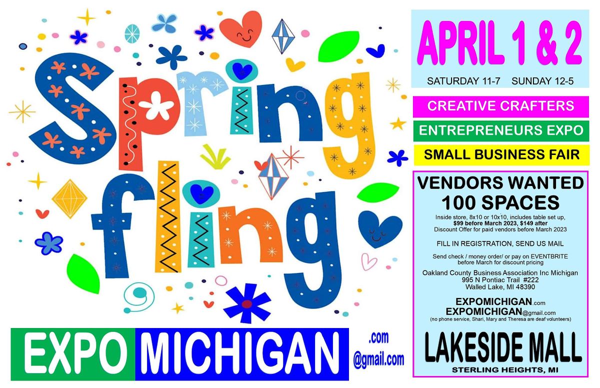 SPRING FLING, EXPO MICHIGAN Pop Up Shops, Lakeside Mall, April 1 & 2