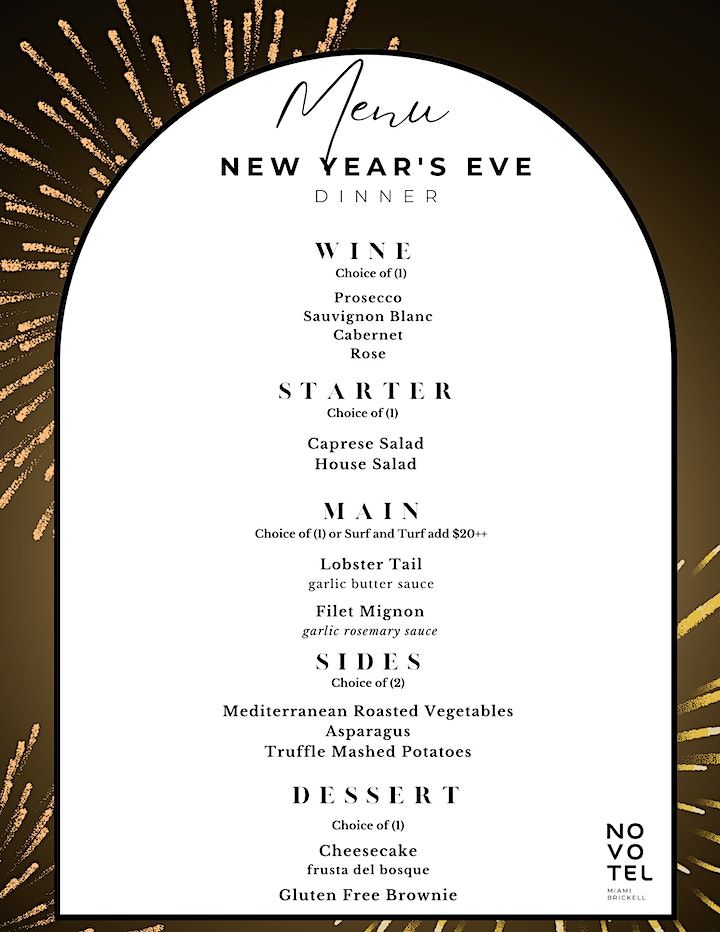 New Years Eve Prix Fixe Dinner Novotel Miami Brickell December 31, 2023