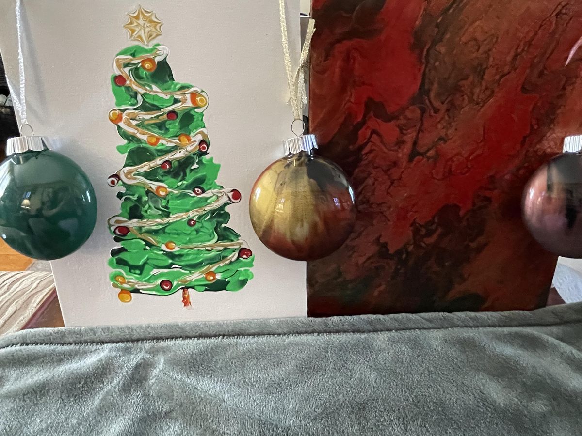 Acrylic pour Christmas tree and ornaments. Beginner level BYOB (Bring Your Own Business