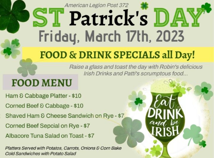 St Patricks Day Food & Drink Specials! American Legion Cherry Hill