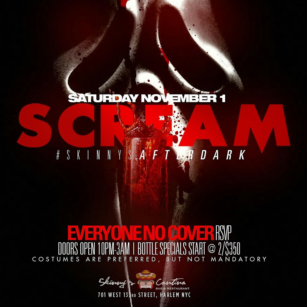 SCREAM, Halloween Party, Open Bar, Free Entry, Live DJ, kitchen open late
