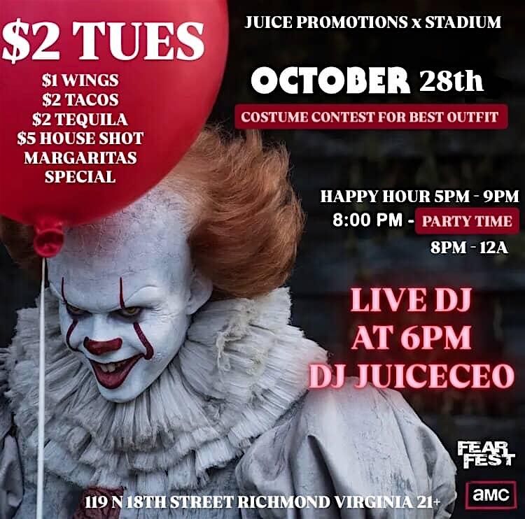$2 SPOOKY TUES. Pre Costume Party Live At Stadium Spots Bar 21+