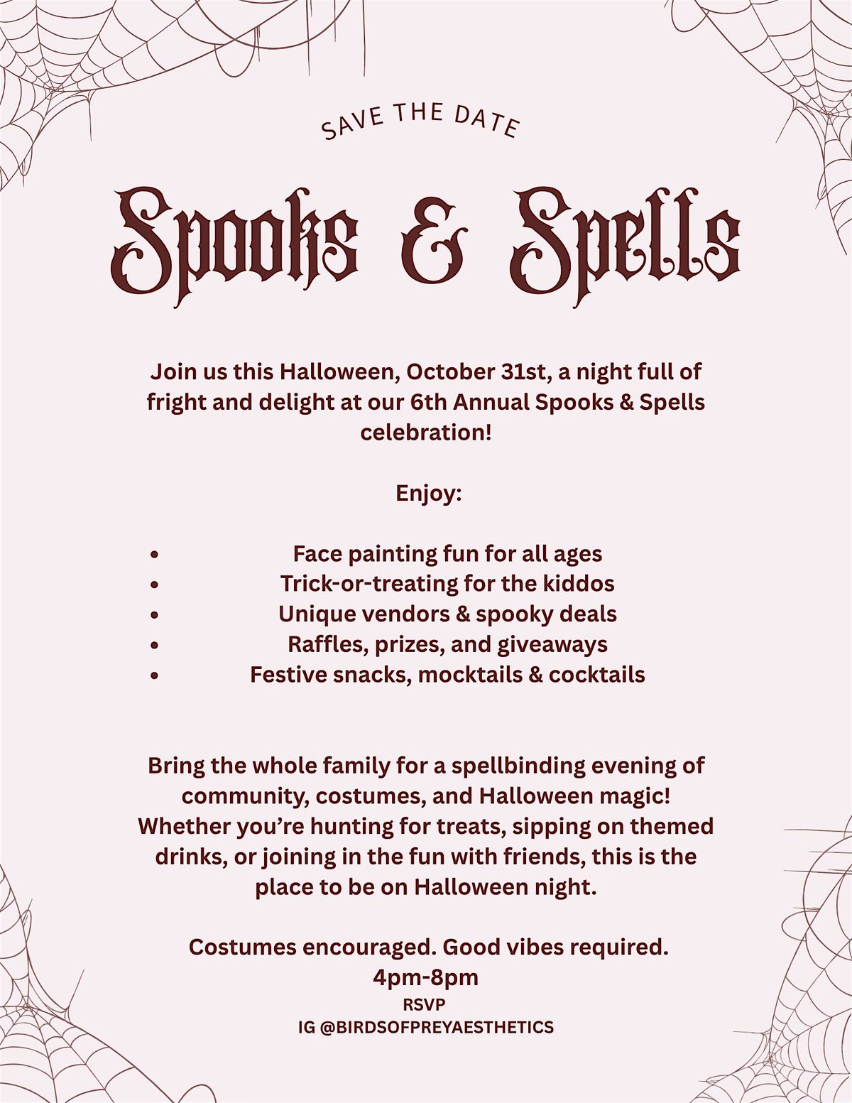 BIRDS OF PREY AESTHETICS SPOOKS & SPELLS 6th ANNUAL HALLOWEEN EVENT