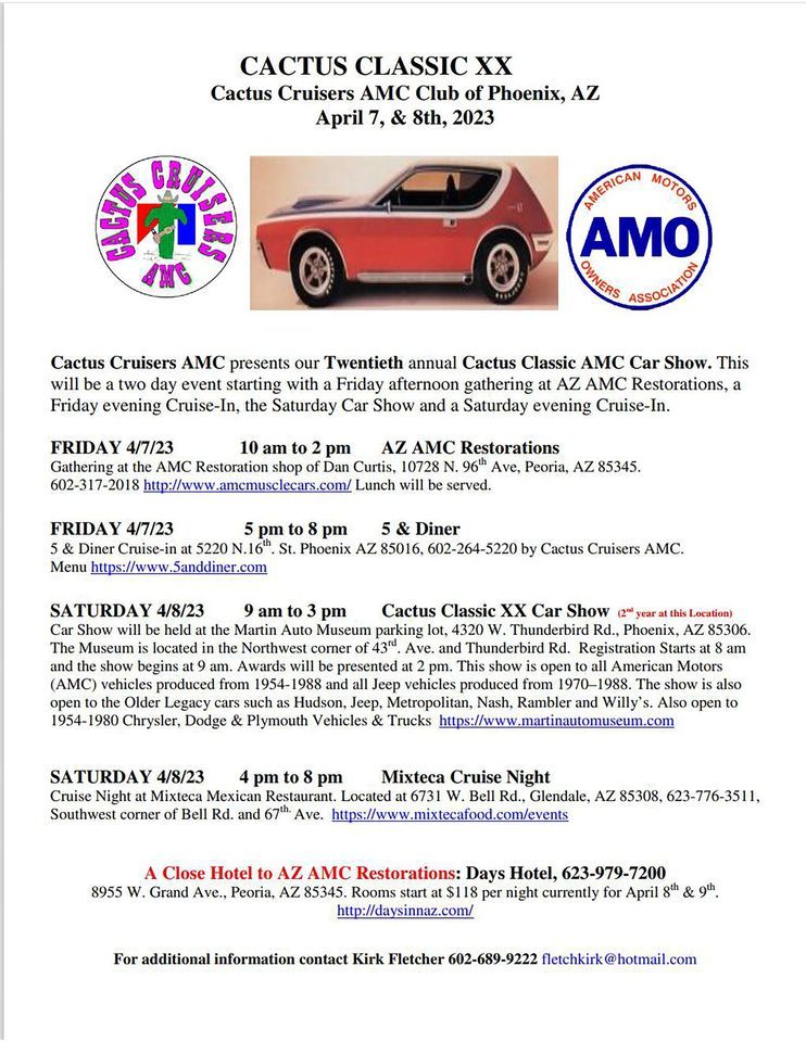 20th Annual Cactus Classic AMC Car Show Martin Auto Museum & Event